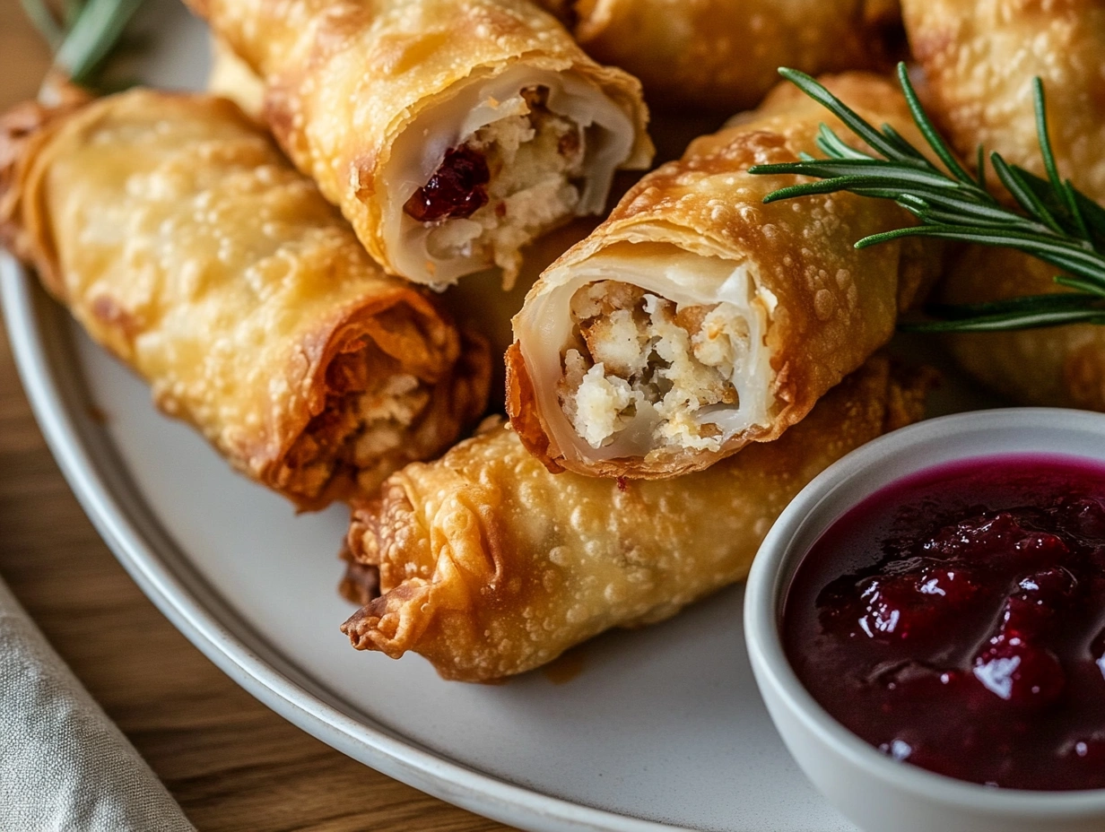 6 (2) Golden-brown Thanksgiving egg rolls stuffed with turkey, stuffing, and cranberry sauce, served with a creamy dipping sauce on the side.