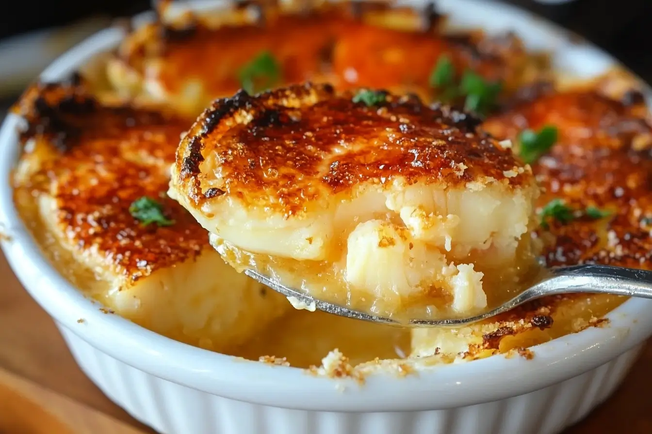 A close-up view of Crab Brulée in a white ramekin, featuring a creamy base topped with a caramelized golden crust, garnished with finely chopped green onions.