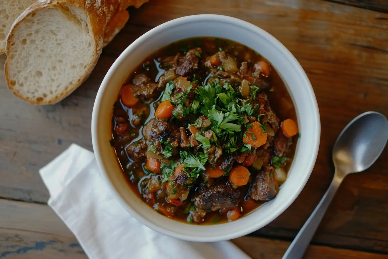 A bowl of hearty oxtail stew with tender meat, carrots, and potatoes in a rich broth, garnished with parsley.