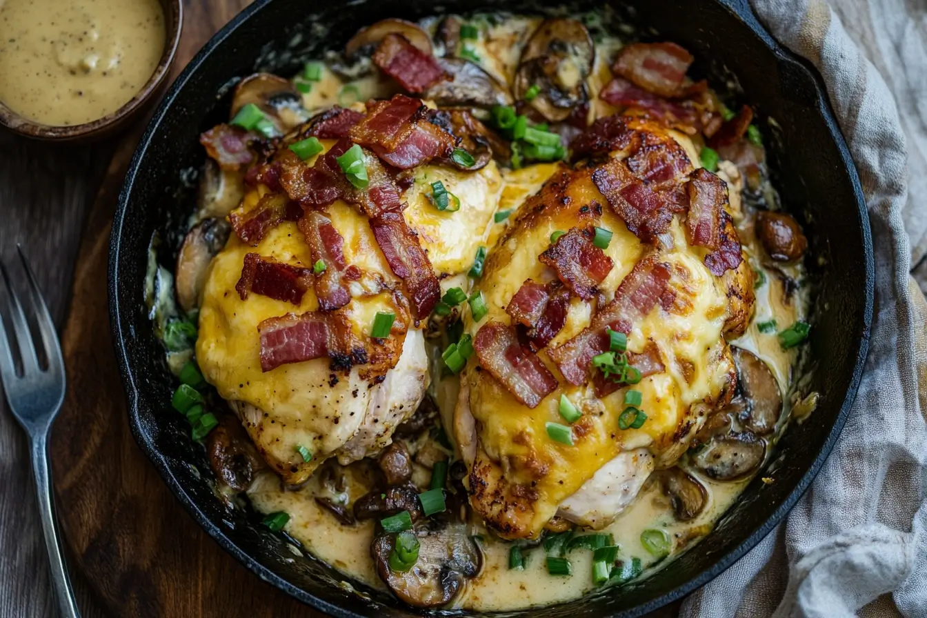 Alice Springs Chicken in a skillet with melted cheese, crispy bacon, and saut\u00e9ed mushrooms, garnished with green onions.