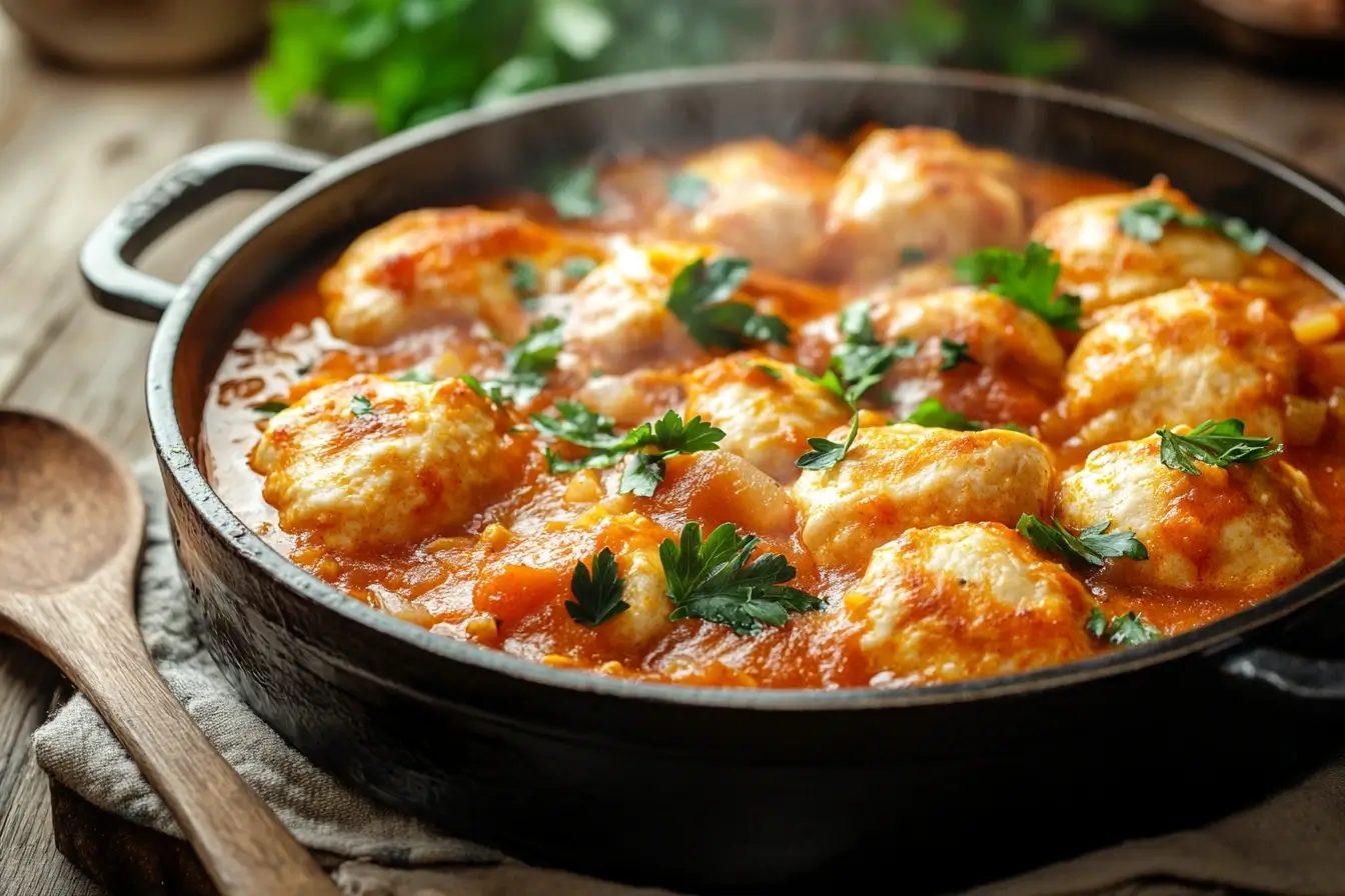 A steaming pot of chicken stew topped with fluffy Bisquick dumplings, set on a rustic wooden table.