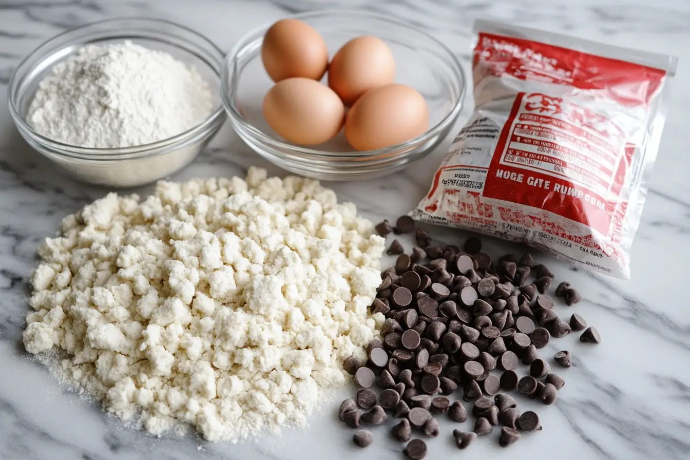 Ready, Set, Bake: Gather Your Ingredients Ingredients for Crumbl chocolate chip cookies arranged on a marble countertop.