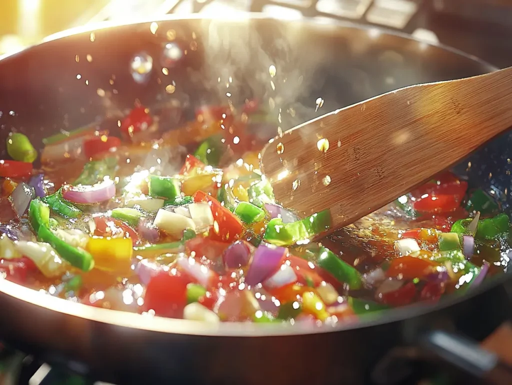 : Sautéed onions, bell peppers, and garlic glistening in olive oil in a large pan.