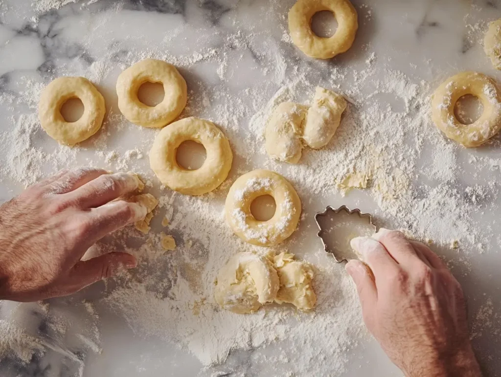 Baker’s hands rolling out Gingerbread Sourdough Donut dough on a floured surface with a donut cutter nearby.