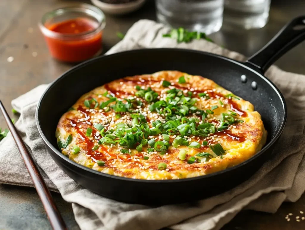 Final egg roll in a bowl garnished with green onions and sesame seeds, served in a skillet.