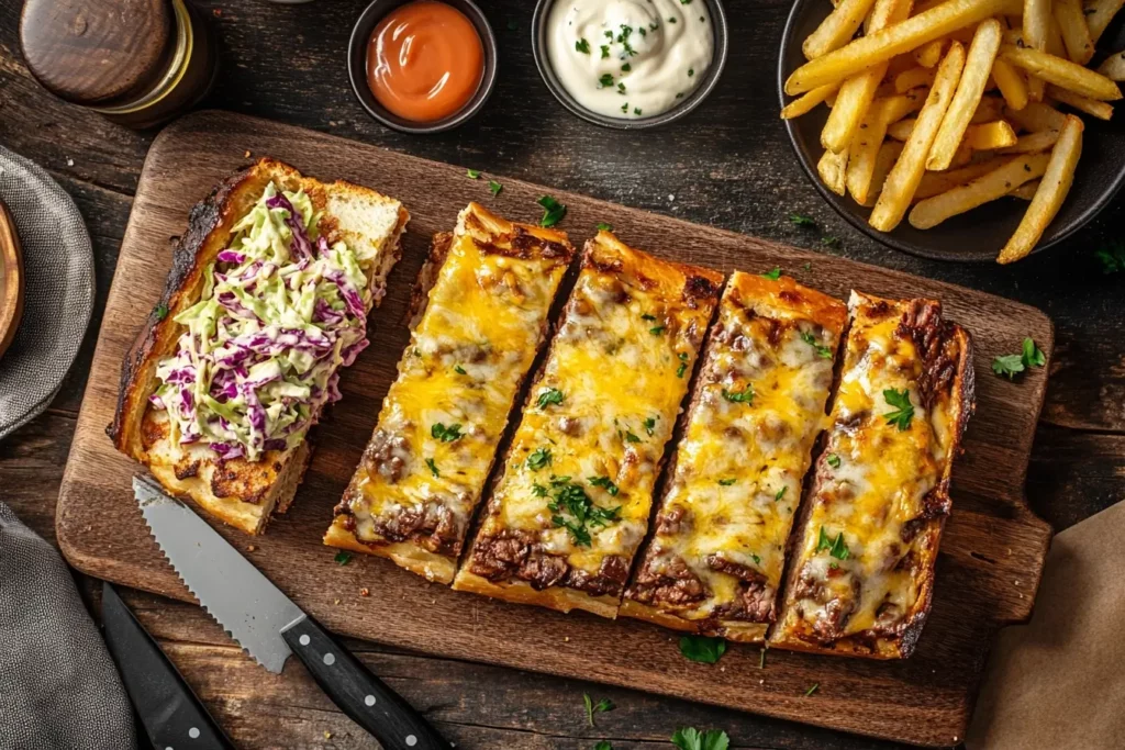 Garlic Philly Cheesesteak Bread sliced and served with coleslaw and crispy fries.