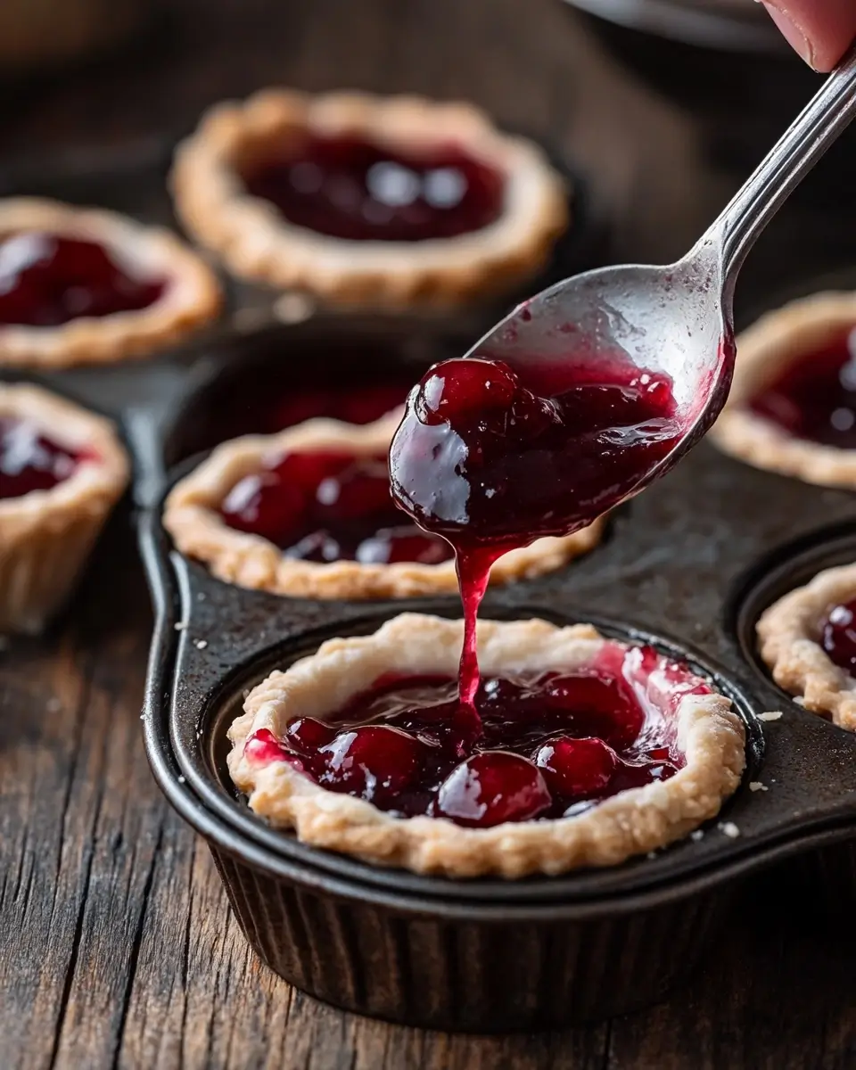 Assembling Mini Cherry Pies - Filling with Cherry Pie Filling Muffin tin with mini pie crusts being filled with cherry pie filling, a spoon adding filling to one of the pies.