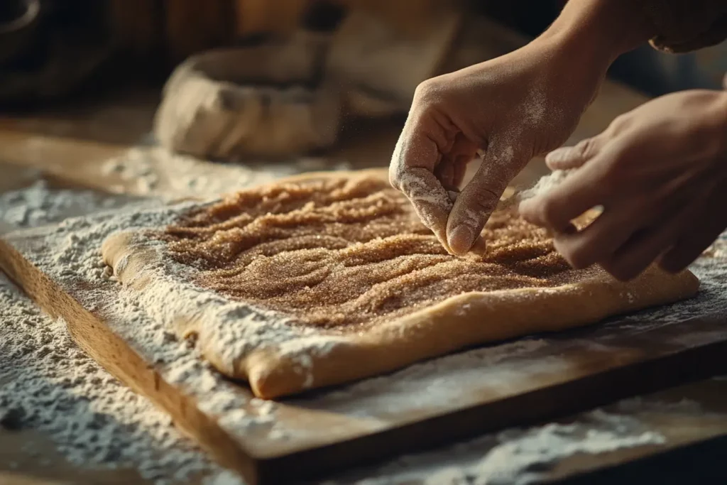 Baker spreading cinnamon sugar filling over rolled-out dough for Cinnamon Roll Bread