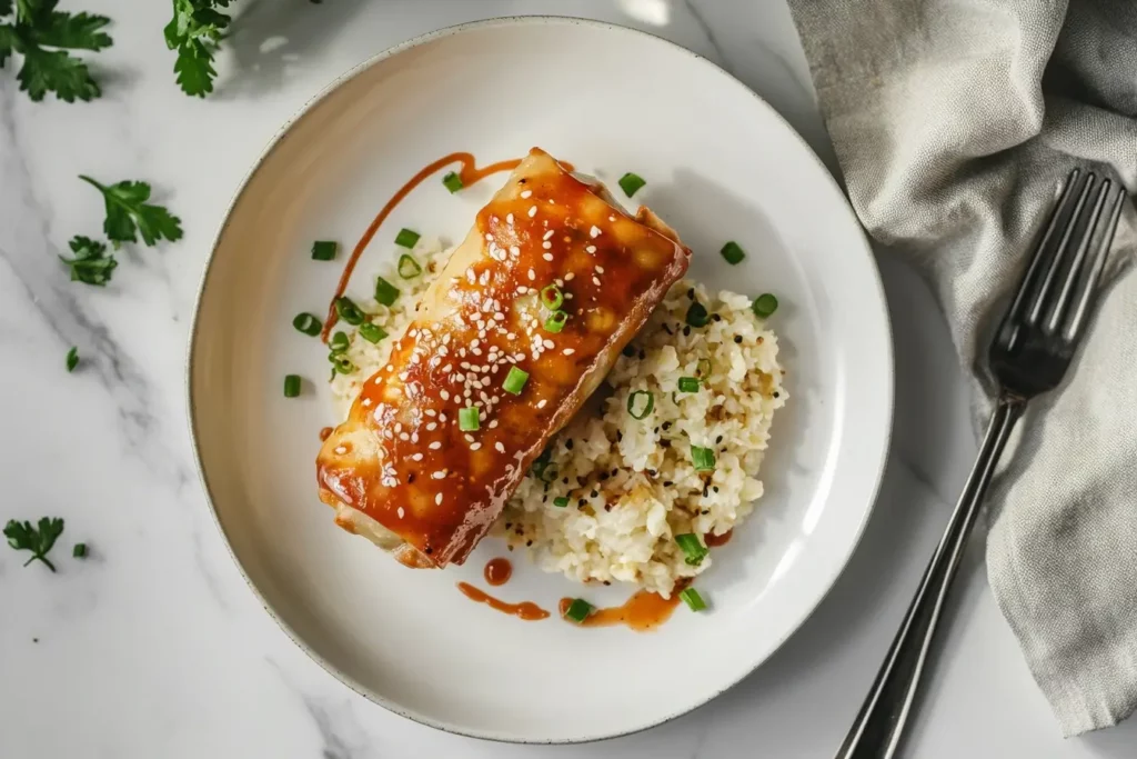 A single serving of egg roll in a bowl on a white plate with green onions, sesame seeds, and a side of cauliflower rice