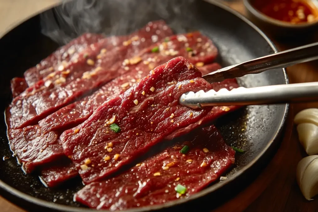 Marinated beef slices sizzling in a skillet, with golden edges and steam rising from the pan.