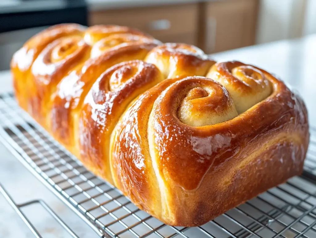 Freshly baked Cinnamon Roll Bread loaf cooling on a wire rack with a golden crust.