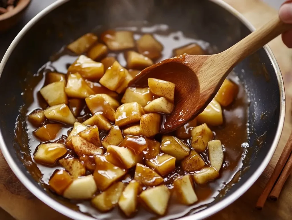 Caramelized apple chunks cooking in a skillet, enhanced with cinnamon and cloves.