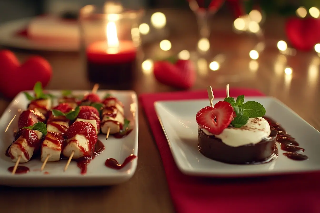 Romantic Dessert Ideas: Chocolate Cake and Strawberry Skewers Romantic dessert table featuring chocolate cake with whipped cream and strawberry skewers drizzled with strawberry sauce, with a candlelit background