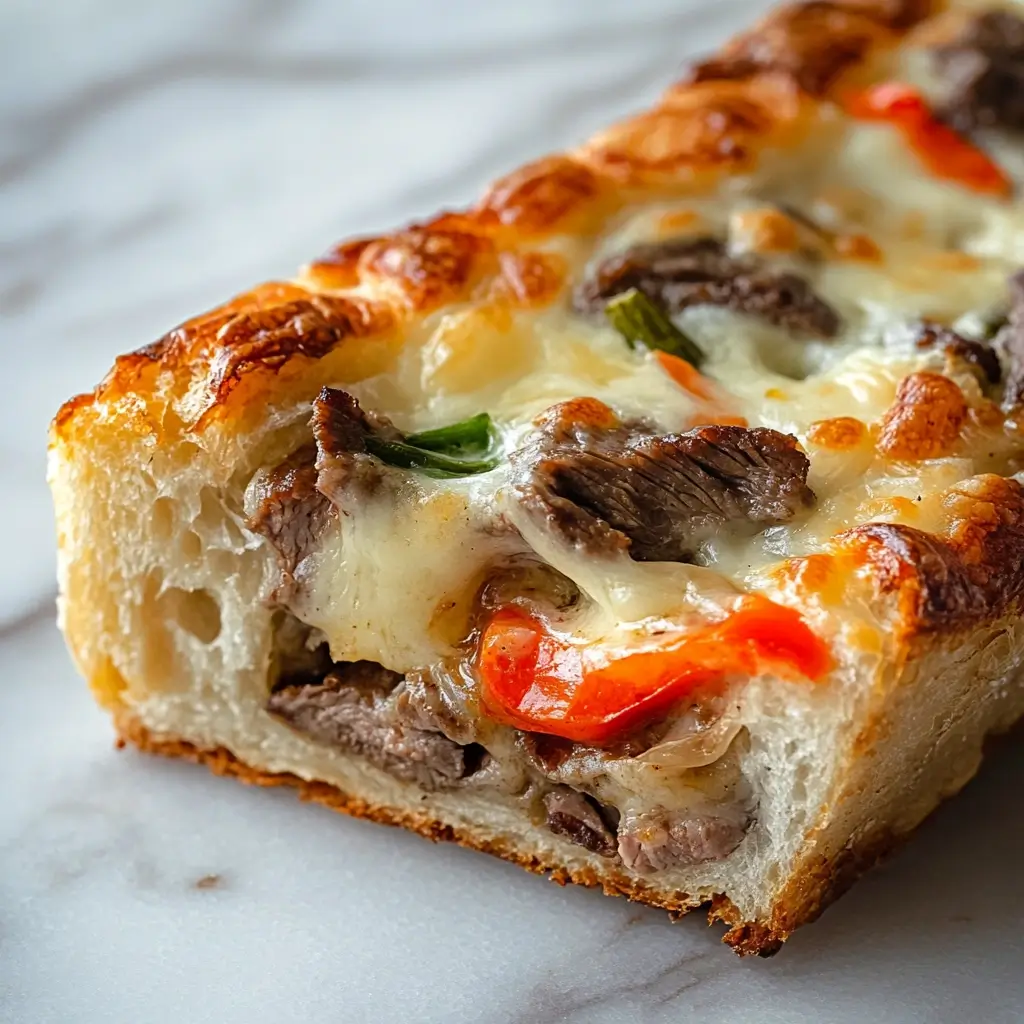 Close-up of a single slice of Garlic Philly Cheesesteak Bread showing melted cheese, steak, and crispy bread.