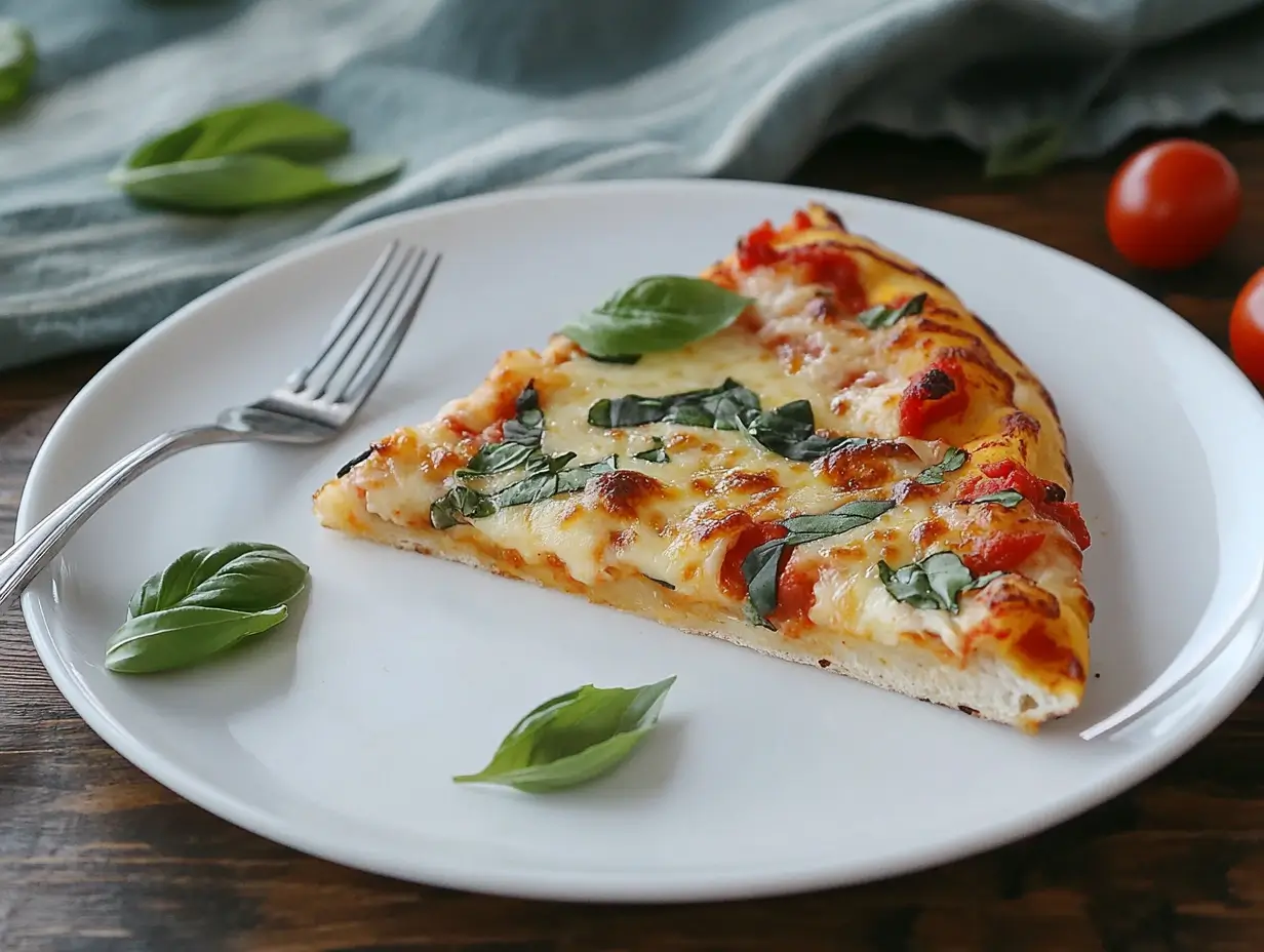 Slice of Supreme Pizza on a Plate A slice of supreme pizza served on a white plate, with basil leaves and a fork on the side.