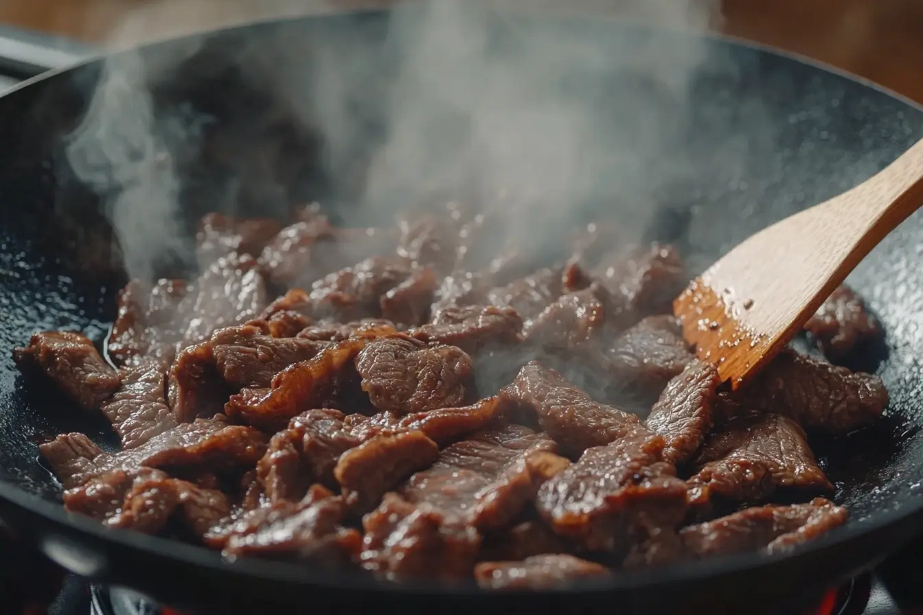 Sizzling Beef Stir-Fry in a Hot Pan Close-up of juicy Beef Stir-Fry Recipe strips being stir-fried in a steaming hot pan, with a wooden spatula stirring the meat
