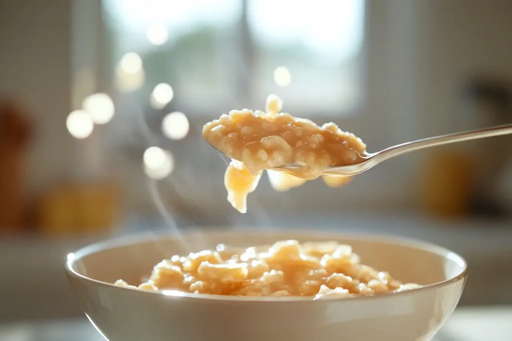 A spoonful of creamy caramelized banana oatmeal lifted from a bowl, showcasing its rich texture and warm flavors.