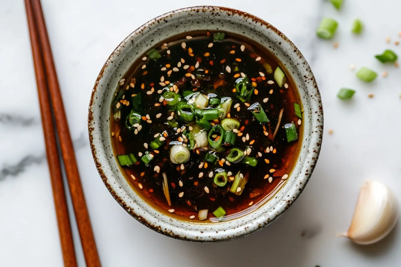 Soy-Based Dipping Sauce with Green Onion and Sesame Garnish An overhead close-up view of a small ceramic bowl filled with soy-based dipping sauce. The sauce is garnished with chopped green onions, sesame seeds, and small chili flakes. Two wooden chopsticks rest on the white marble surface beside the bowl, along with a garlic clove and scattered green onion pieces.