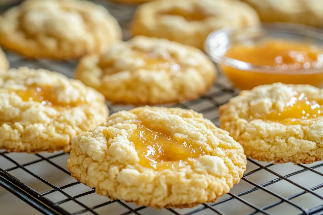Crumbly Cookies with Golden Jam Centers Cooling on a Wire Rack A close-up view of crumbly Peach Cobbler Cookies with a golden jam center cooling on a wire rack, with a small bowl of jam visible in the background.