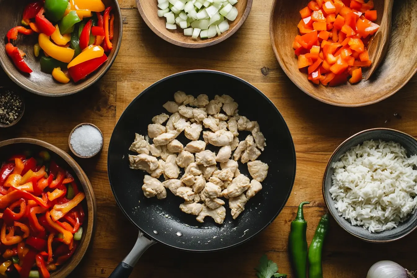 How to Make Smothered Chicken and Rice – Step-by-Step Guide Step-by-step images showing searing chicken, sautéing onions and peppers, and mixing the creamy sauce with rice.