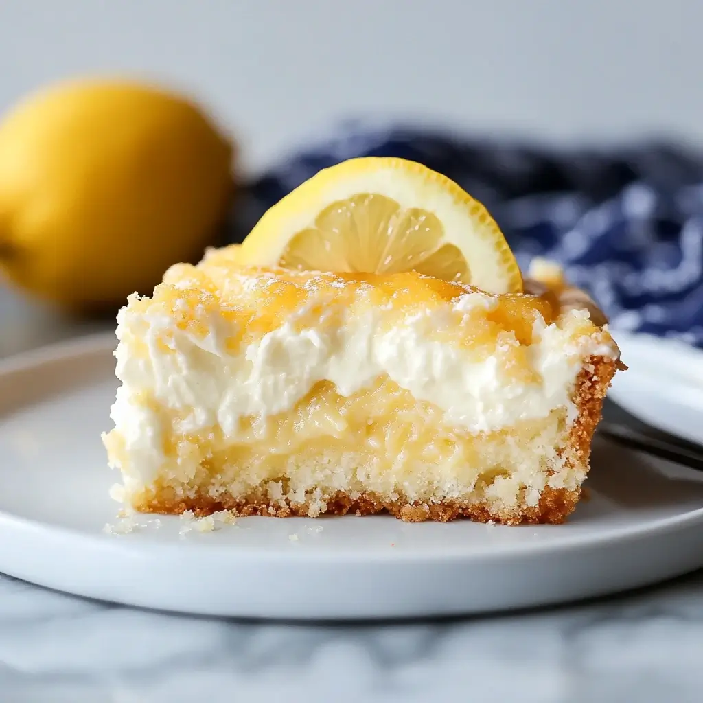 A slice of creamy lemon dessert bar on a white plate, featuring a buttery crumb crust, a smooth lemon filling, and a layer of whipped topping. The dessert is garnished with a fresh lemon slice. In the background, there’s a whole lemon and a blurred blue cloth.