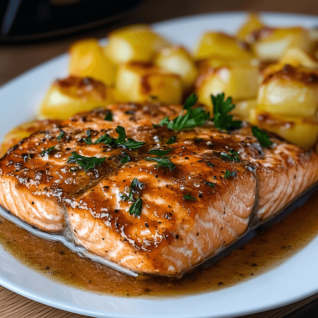 Plated Texas Roadhouse Salmon Recipe served with lemon slices and fresh parsley, ready for a comforting family meal.