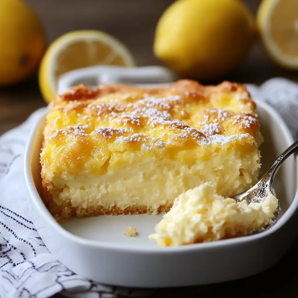 A creamy baked lemon cheesecake in a white ceramic dish, topped with a golden-brown crust lightly dusted with powdered sugar. A spoon rests in the dessert, holding a fluffy bite. Fresh lemons, both whole and halved, are blurred in the background on a wooden surface.