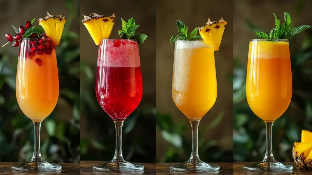 Collage of mimosa mocktail variations including pomegranate, sunrise, mojito-style, and tropical flavors