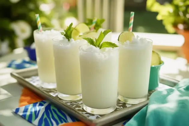 Glasses of Brazilian Lemonade garnished with lime, mint, and coconut