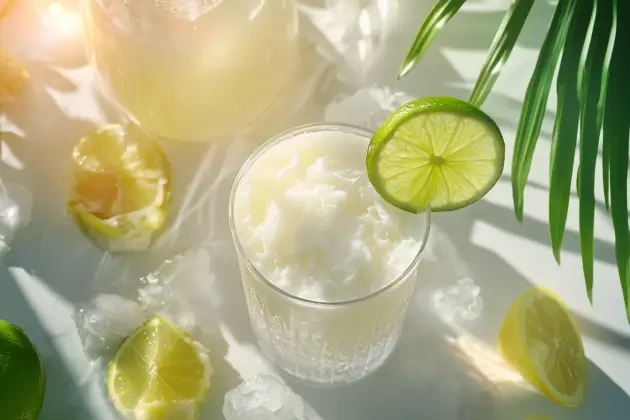 Frozen Brazilian Lemonade with coconut garnish and slushy texture