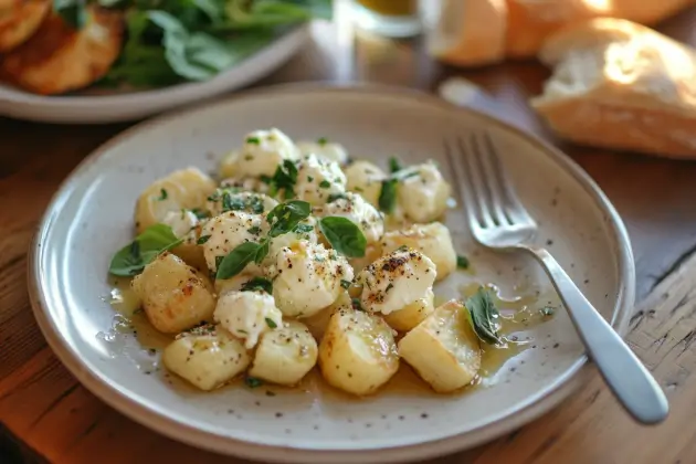 A rustic ceramic plate filled with golden-browned gnocchi topped with small mozzarella balls, fresh basil leaves, and a sprinkle of chopped herbs and cracked black pepper. A fork rests on the side of the plate, with fresh bread and a green salad in the background on a wooden table.