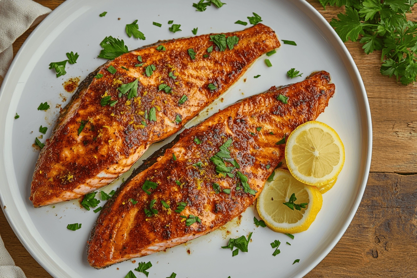 Texas Roadhouse Salmon Recipe featuring seasoned baked salmon fillets garnished with parsley and lemon slices on a rustic plate.
