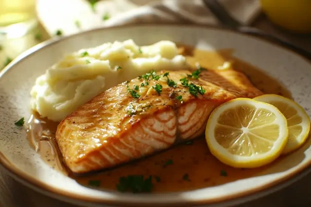 Plated Texas Roadhouse Salmon Recipe served with lemon slices and fresh parsley, ready for a comforting family meal.