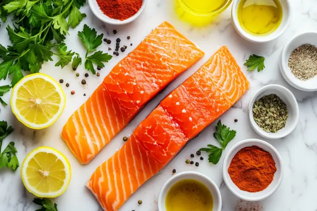 Flat lay of ingredients for Texas Roadhouse Salmon Recipe including fresh salmon fillets, spices, lemon, and parsley.