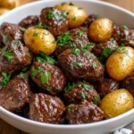 Slow Cooker Garlic Butter Beef Bites & Potatoes served in a rustic bowl with fresh herbs on a farmhouse table.