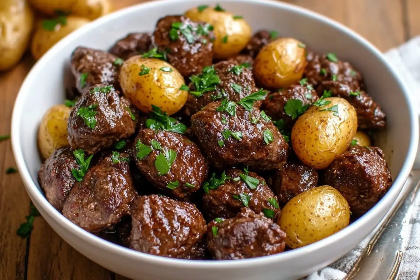 Slow Cooker Garlic Butter Beef Bites & Potatoes served in a rustic bowl with fresh herbs on a farmhouse table.