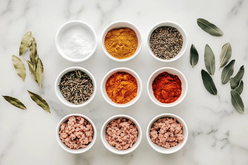 Raw ingredients and spices for four types of Jimmy Dean style breakfast sausage