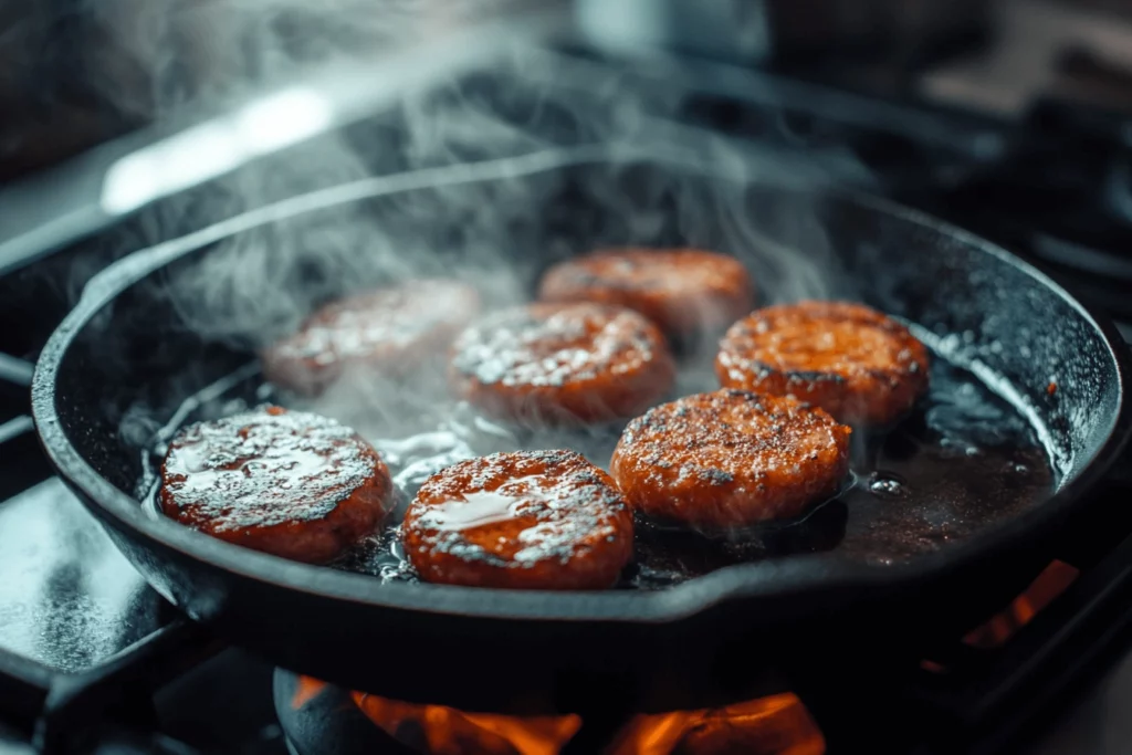 Juicy sausage patties sizzling in a cast iron skillet on stovetop