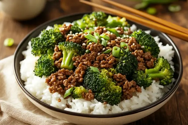 Final dish of ground beef and broccoli served over rice with sesame seed garnish