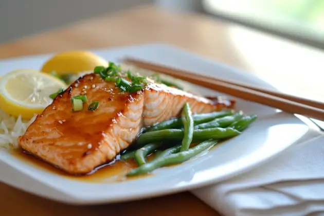 Honey garlic glazed salmon served with rice and green beans on a white plate