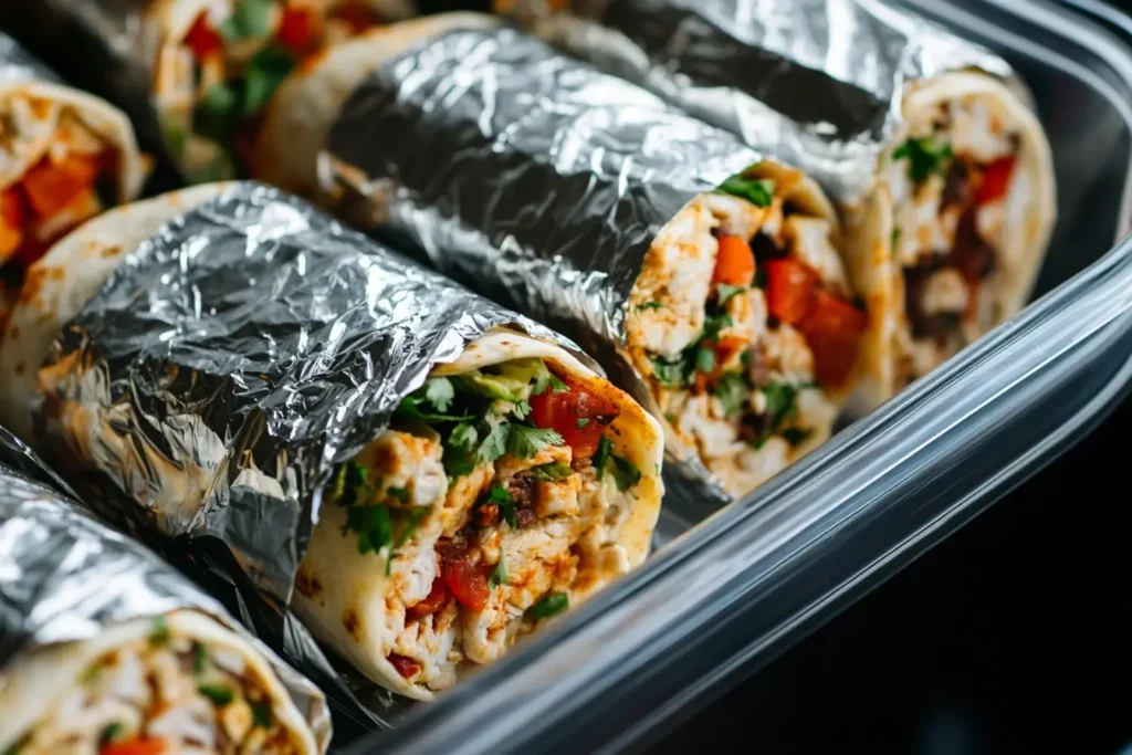 Grilled chipotle ranch chicken burritos wrapped in foil for freezer-friendly meal prep