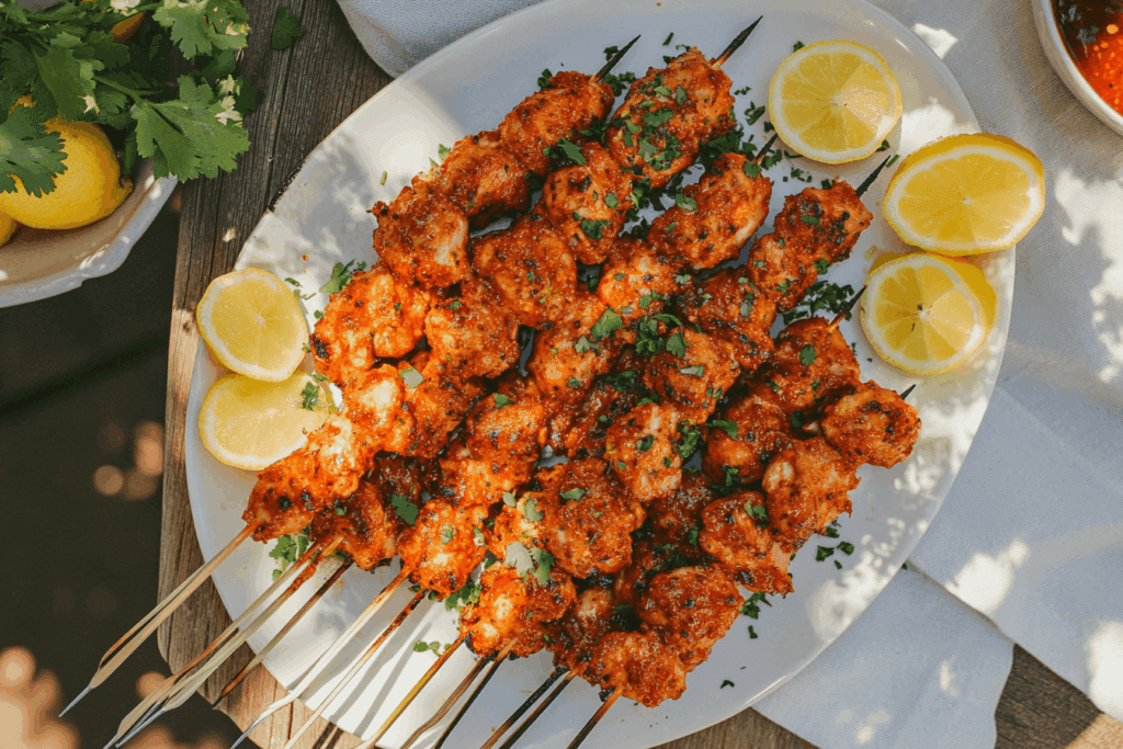 Finished Bang Bang Chicken Skewers garnished with cilantro and lemon, served with extra dipping sauce.