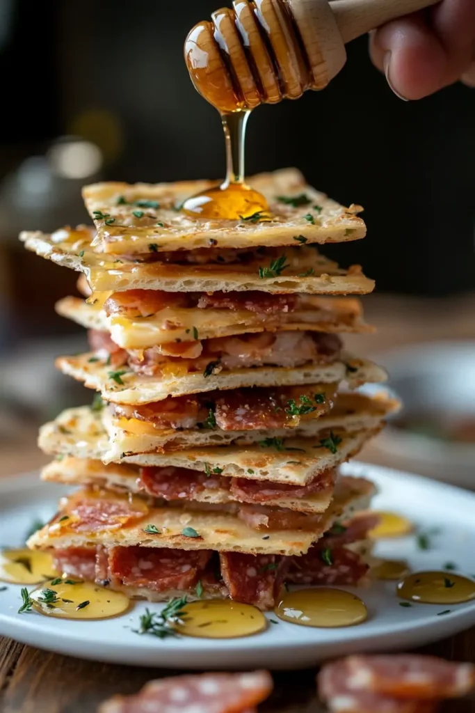 Overhead view of charcuterie board flatbread with burrata, prosciutto, apple, and honey on a rustic serving board
