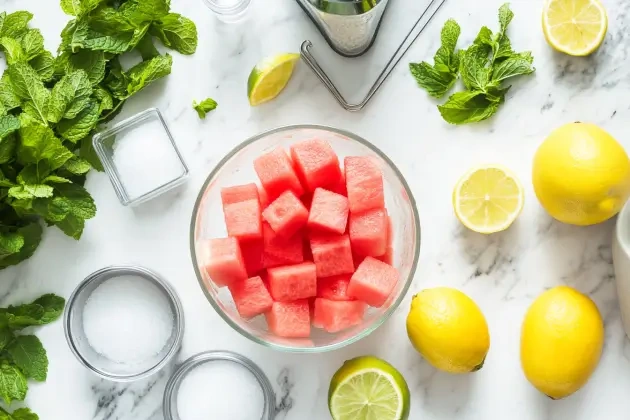 Fresh ingredients for watermelon lemonade including cubed watermelon, lemons, limes, sugar, and mint on a marble counter.