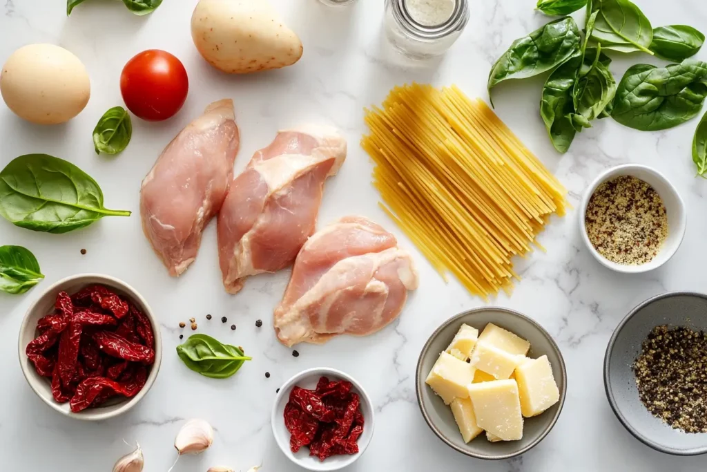 Fresh ingredients for making Healthy Tuscan Chicken Pasta, including chicken, spinach, pasta, and sun-dried tomatoes.