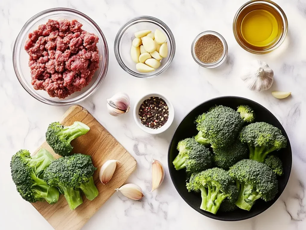 Ingredients for Ground Beef and Broccoli laid out on a kitchen counter