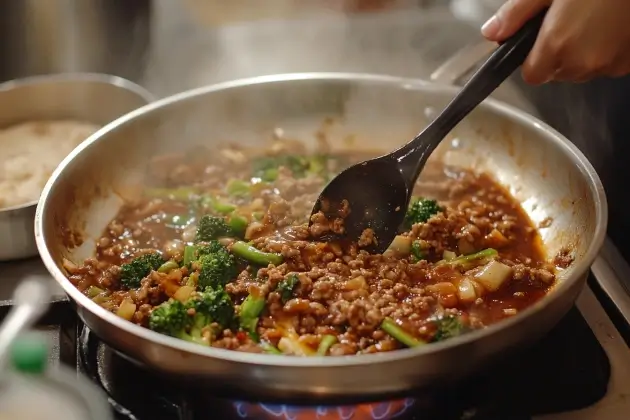 Broccoli added to saucy ground beef in skillet for stir fry