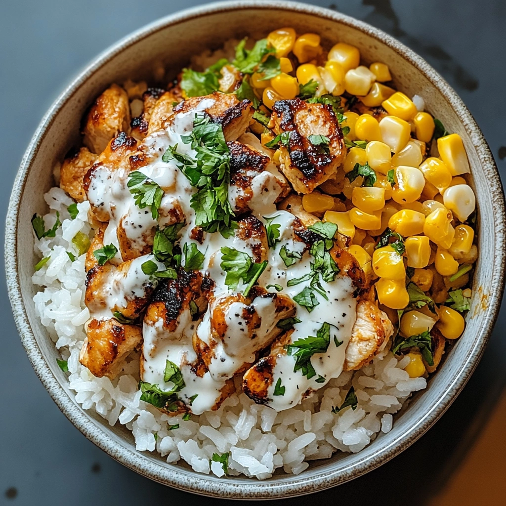 Fully assembled Street Corn Chicken Rice Bowl with avocado, jalapeños, and fresh cilantro.