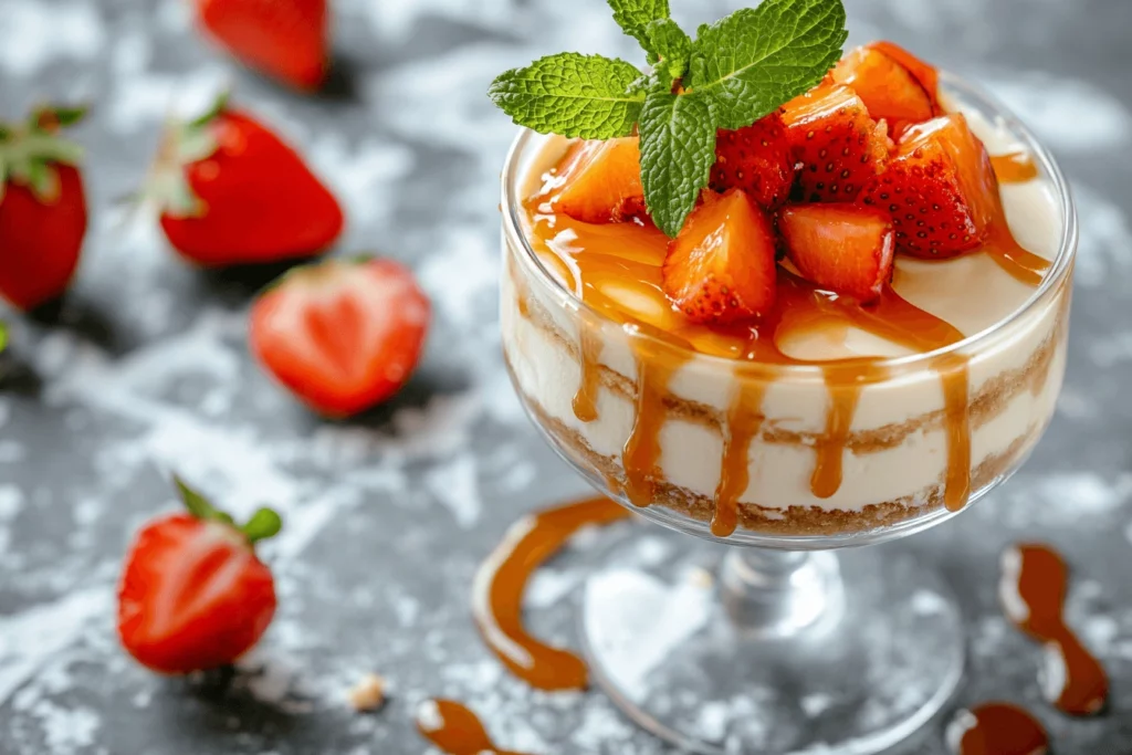 Individual serving of cheesecake fruit salad in a dessert glass with caramel drizzle