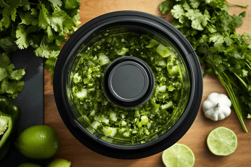 Blender filled with green salsa verde ingredients for Chilaquiles Verdes